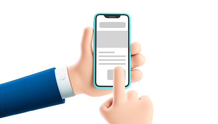 Hand eines Geschäftsmannes hält ein Smartphone in Richtung Betrachter und bedient es mit dem Zeigefinger. Alles im BEE4BEE Cartoon Stil.