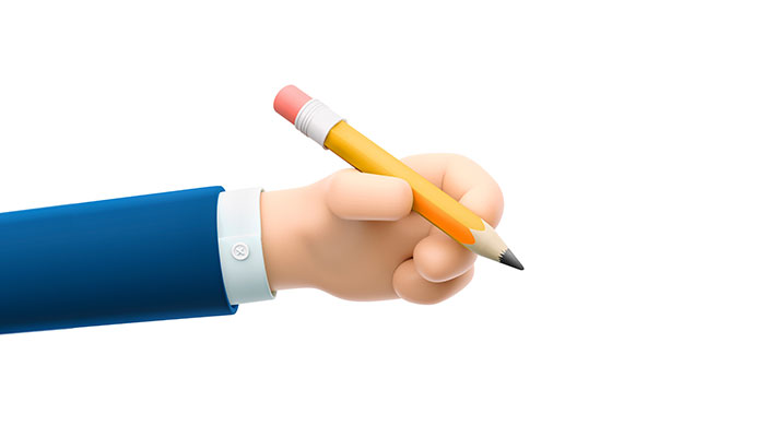 Hand eines Geschäftsmannes im BEE4BEE Cartoon Stil hält einen Bleistift.
