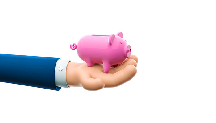 Hand eines Geschäftsmannes im BEE4BEE Cartoon Stil hält ein rosafarbenes Sparschwein