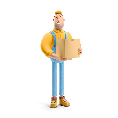 Handwerker im BEE4BEE Cartoon-Stil mit  einem kleinen Paket im Arm