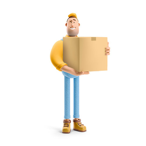 Handwerker im BEE4BEE Cartoon-Stil mit einem großen Paket im Arm