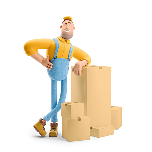 Handwerker im BEE4BEE Cartoon-Stil lehnt sich auf ein großes Paket
