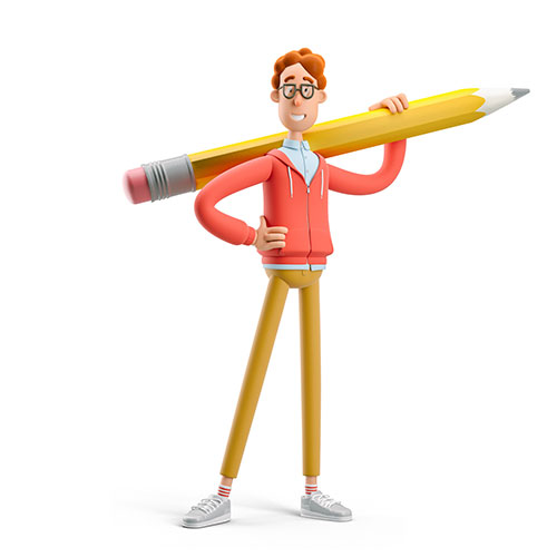 Junger Mann mit Brille im BEE4BEE Cartoon-Stil hat einen riesengroßen Buntstift geschultert
