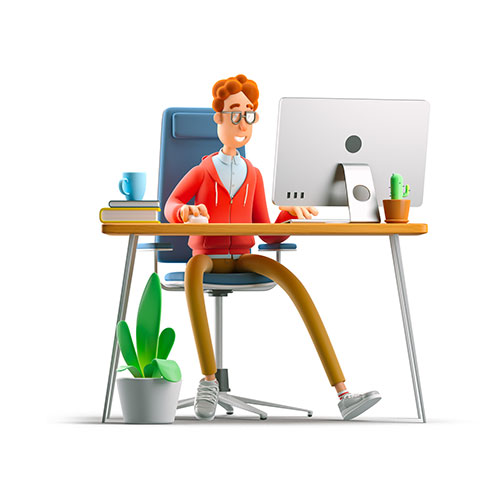 Junger Mann mit Brille im BEE4BEE Cartoon-Stil sitzt am Schreibtisch vor einem Monitor