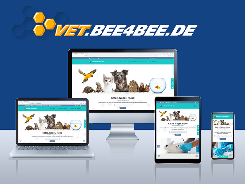 Screenshots eines beispielhaften Webdesigns für eine Tierarztpraxis auf unterschiedlichen Endgeräten
