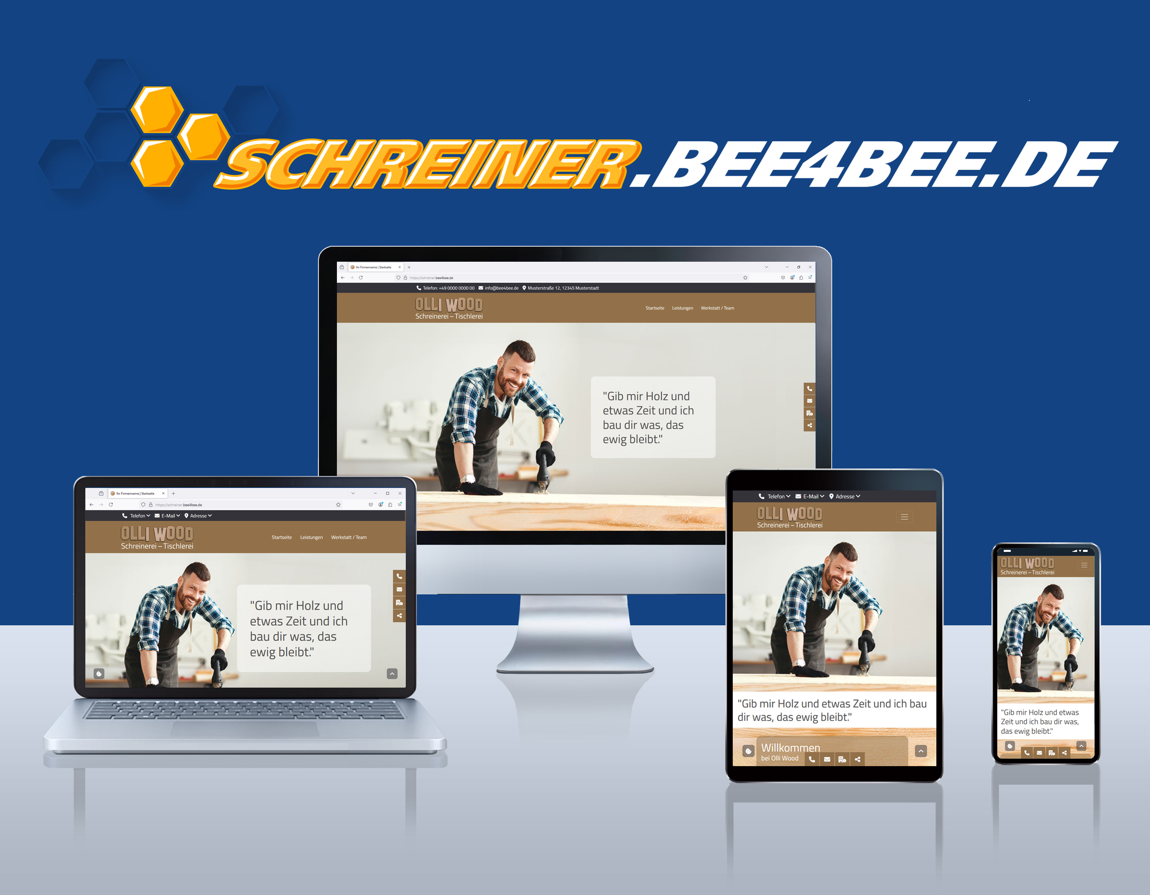 Screenshots eines beispielhaften Webdesigns für eine Tischlerei auf unterschiedlichen Endgeräten